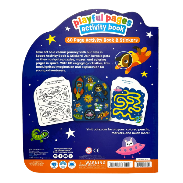 Libro de actividades Playful Pages – Juegos, pegatinas para colorear – Mascotas en el espacio